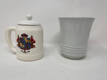 AUTHENTIC MCM 1950s LOT OF ARABIA FINLANDIA IVORY VASE & SAN MIGUEL BEER PERSONALIZED MUG WITH LID