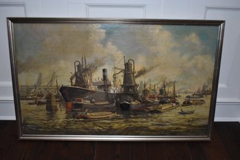 AN EXTREMELY RARE AND LARGE SIZE ORIGINAL PAINTING ON CANVAS BY ADRI VERVEEN OF SHIPS IN HARBOR, DUTCH