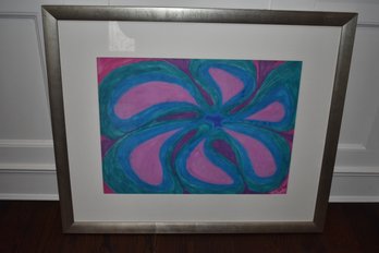 AN ORIGINAL WORK SIGNED 'CD 93' IN SHADES OF TURQUOISE AND PINK, MATTED AND FRAMED, LARGE SIZE