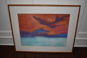 AN ORIGNAL WORK ON CANVAS, MATTED AND FRAMED DEPICTING AN ABSTRACT SUNSET OVER OCEAN, UNSIGNED