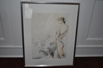 AN INCREDIBLE ORIGINAL WORK ON PAPER SIGNED 'AUFOMETCH' (?) GERMAN, DEPICTING GODDESS EAGLE FRAMED AND MATTED