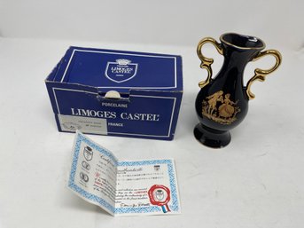 NEAR MINT VINTAGE LIMOGES CASTEL MADE IN FRANCE 22K GOLD ACCENTED ROYAL BLUE BUD VASE WITH BOX AND CERTIFICATE