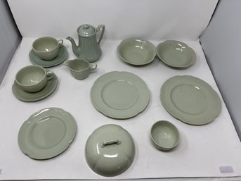 PRE 1958 JOHNSON BROS MADE IN ENGLAND GREENDAWN CELADON PORCELAIN TEA SET OF FOR TWO WITH EXTRA LID & BOWL