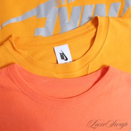 LOT OF 2 HEAVYWEIGHT HIGH QUALITY MENS NIKE ORANGE / SAFFRON RIBBED CREWNECK SWOOSH LOGO TEE SHIRTS XL/XXL