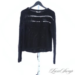 12/10 WINNER! RAMYBROOK NEW YORK BLACK PURE MERINO WOOL TASSEL AND BEAD EMBROIDERED SWEATER L