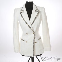 SUMMER PERFECT MINT CONDITION ZARA WHITE TWEED AND FANTASY TWEED TRIM METAL BUTTON CHANEL STYLE JACKET M