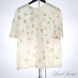 ABSOLUTELY STUNNING NEAR MINT AKRIS SWITZERLAND PURE SILK CHIFFON WHITE ALLOVER GREEN MULTI FLORAL SHIRT 14