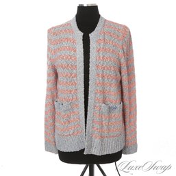 4TH OF JULY PERFECTION! MINT CONDITION J. CREW RED WHITE AND BLUE BOUCLE LOOPED STATIC STRIPE LIGHT CARDIGAN M