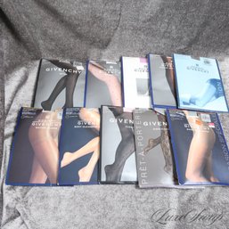 LOT OF 11 BRAND NEW IN PACKAGE DEADSTOCK GIVENCHY PARIS STOCKINGS, VARIOUS COLORS STYLES AND SIZES