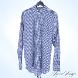 SUMMER PERFECT MENS MODERN B. DRADDY WHITE AND NAVY PICNIC GINGHAM BUTTON DOWN STRETCH DRESS SHIRT XL