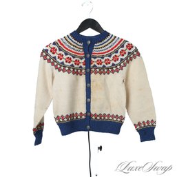 VINTAGE NORDIC BOUTIQUE MADE IN NORWAY IVORY / BLUE TRADITIONAL SILVER BUTTON FAIR ISLE WOMENS CARDIGAN