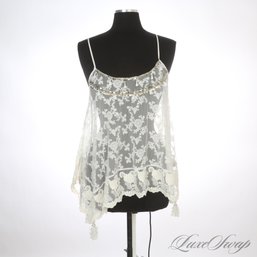 OH LETS GO! BEAUTIFUL CALYPSO ST. BARTH WHITE MESH MOUNTED FLORAL LACE SEQUIN TOP HALTER TOP M