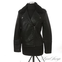 NEAR MINT MNG BLACK VEGAN LEATHER FAUX SHEARLING COLLAR MOTORCYCLE JACKET M