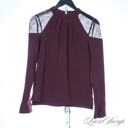 DRAMATIC AND SUPER LUXE ALLSAINTS MERLOT RAISIN CREPE AND BLACK LACE SHOULDER VICTORIAN BLOUSE S