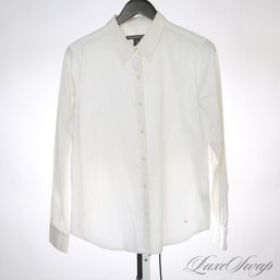 BUSINESS ESSENTIAL! SAKS FIFTH AVENUE ALL WHITE SELF STRIPED WOMENS BUTTON DOWN SHIRT 14