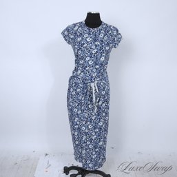 SUMMER PERFECT BEAUTIFUL POLO RALPH LAUREN BLUE AND WHITE WATERCOLOR ALLOVER FLORAL SELF BELTED DRESS S