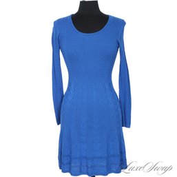 EXPENSIVE MISSONI MADE IN ITALY VIVID ROYAL BLUE KNITTED SHORT SLEEVE DRESS FITS ABOUT S
