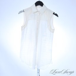 MODERN AND BEAUTIFUL VERONICA BEARD WEIGHTLESS IVORY WHITE RIBBED SELF STRIPE SLEEVELESS SHIRT USA MADE 0