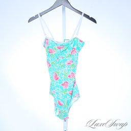 #13C BRAND NEW WITHOUT TAGS SEA WAVES MADE IN USA BATHING SUIT WHITE TURQUOISE AND PINK FLORAL SIZE 8