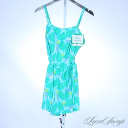 #15A BRAND NEW WITHOUT TAGS SEA WAVES MADE IN USA BATHING SUIT BLUE GREEN CHARTREUSE FLORAL SKIRTED SIZE 18