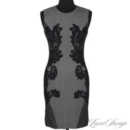 THE MOST EXCEPTIONAL FIT! DIANE VON FURSTENBERG GREY WOOLY TWEED BLACK LACE OVERLAY MULTIMEDIA DRESS 6