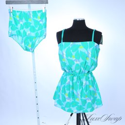 #15B BRAND NEW WITHOUT TAGS SEA WAVES MADE IN USA BATHING SUIT BLUE GREEN CHARTREUSE FLORAL 2 PIECE SIZE 14