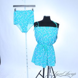 #16A BRAND NEW WITHOUT TAGS SEA WAVES MADE IN USA BATHING SUIT BLUE GREEN WHITE SPOTTED 2 PIECE SIZE 14