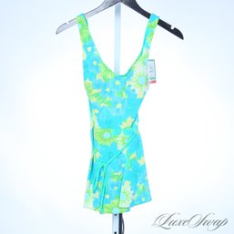 #17A BRAND NEW WITHOUT TAGS SEA WAVES MADE IN USA BATHING SUIT BLUE GREEN CHARTREUSE FLORAL SKIRTED SIZE 10