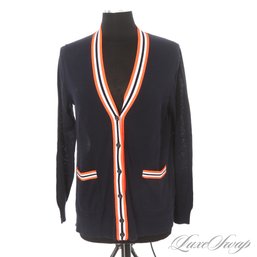 NEAR MINT POSSIBLY UNWORN INCREDIBLE J. CREW NAVY  / NEON ORANGE AND WHITE PIPED THIN CARDIGAN M
