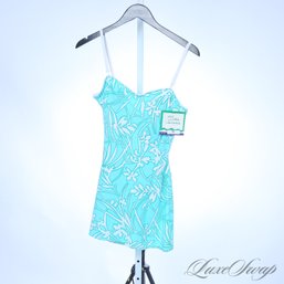 #21A BRAND NEW WITHOUT TAGS SEA WAVES MADE IN USA BATHING SUIT TIFFANY BLUE WHITE FLORAL SKIRTED SIZE 14