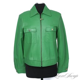 BRAND NEW WITH TAGS EXPENSIVE ST. JOHN SPORT BRIGHT APPLE GREEN LEATHER ZIP JACKET M