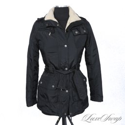 ICONIC COUNTRY STYLE! BARBOUR OF ENGLAND BLACK / OATMEAL SHERPA FLEECE LINED SIGNATURE HEADINGLY COAT WOMENS 4