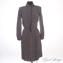 AN INSANE FIND! VINTAGE SALVATORE FERRAGAMO MADE IN ITALY PURE SILK BLUE/RUST SPECKLED BELTED L/S DRESS 6