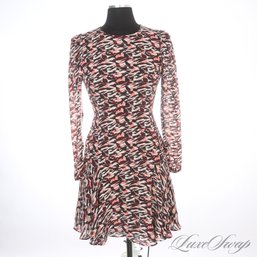 MODERN AND NEAR MINT REISS GREY/CORAL/WINE ABSTRACT MULTI PRINT LONG SLEEVE DRESS 4