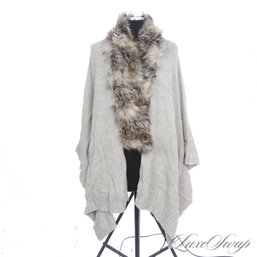 FIRESIDE SNUGGLES! BRAND NEW WITHOUT TAGS MERONA LIGHT PUTTY SAND CROCHET CAPE SHAWL WITH FAUX FUR COLLAR OSF