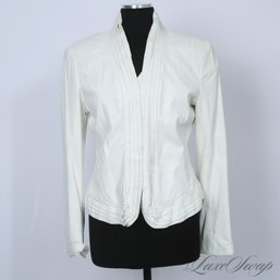 THE SOFTEST LEATHER EVER! EMPORIO ARMANI MADE IN ITALY FANTASTIC CONDITION WHITE RUFFLED TRIM JACKET