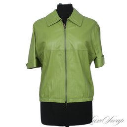 NEAR MINT AND ADORABLE LAFAYETTE 148 NEW YORK GRASS GREEN LEATHER SHORT SLEEVE ZIP JACKET FITS ABOUT L