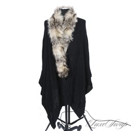 FIRESIDE SNUGGLES! BRAND NEW WITHOUT TAGS MERONA BLACK CROCHET CAPE SHAWL WITH FAUX FUR COLLAR OSF