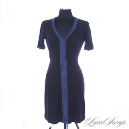 SUMMER PERFECT! TORY BURCH NAVY BLUE STRETCH JERSEY DRESS WITH INDIGO SUEDE V-NECK TRIM XS