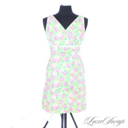 PREPPY PERFECT! LILLY PULITZER BRIGHT KEY LIME GREEN AND PINK ALLOVER FLORAL LACE EMPIRE WAIST DRESS 6