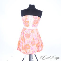 PREPPY PERFECT! LILLY PULITZER SUMMER ORANGE AND YELLOW PINK MULTI PRINT LACE BUBBLE SLEEVELESS DRESS 6