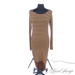 HIGH IMPACT! ELIZABETH AND JAMES BURNT ORANGE SAFFRON AND BLACK LIGHTWEIGHT STRIPED ASYMMETRICAL HEM DRESS M