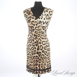TOP TIER AND ICONIC ROBERTO CAVALLI BLACK LABEL MADE IN ITALY SLINKY ALLOVER LEOPARD PRINT RUCHED DRESS 44