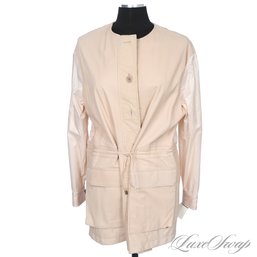 BRAND NEW WITH TAGS BROGDEN SUPER COOL BLUSH INFUSED KHAKI NAPPA LAMBSKIN LEATHER AND TAFFETA SLEEVE JACKET 8