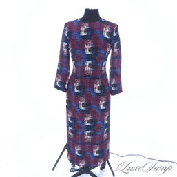 BIG GRAPHICS ARE AWESOME! JENNI RAYNE MODERN DEEP GARNET RED BLUE AND WHITE BLOCK PRINT LONG SLEEVE DRESS