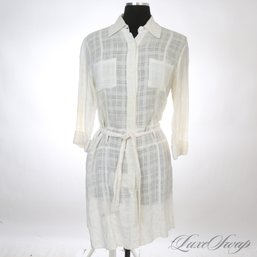 SUMMER PERFECT SAO PAOLO WHITE / OFF WHITE SELF PRINTED MADRAS JACQUARD BELTED DRESS IN LINEN FITS ABOUT M