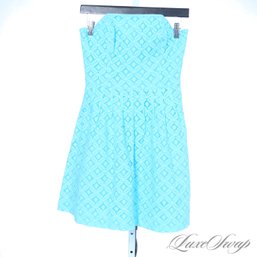 SUMMER PERFECT LILLY PULITZER TIFFANY BLUE STRAPLESS FLORAL LACE DRESS 0