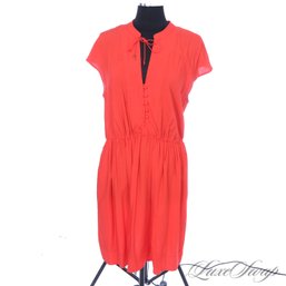 UPSCALE BARBEQUE PERFECT! MAEVE HOT CORAL ORANGE SPLIT NECK CAP SLEEVE SLINKY BREEZY DRESS L