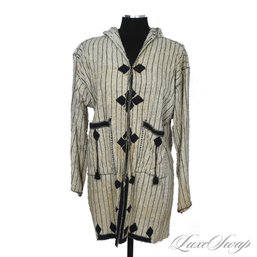 BOHO CHIC! ANONYMOUS VINTAGE WHITE SHAGGY TWEED STRIPED UNLINED HOODED JACKET WITH FRINGE TASSELS FITS ABOUT S