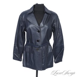 BRAND NEW WITH TAGS $998 WORTH NEW YORK MIDNIGHT BLUE NAPPA BUFF LEATHER BELTED CAR COAT M